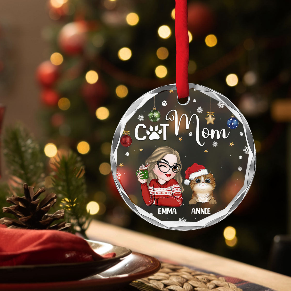 Cat Mom - Personalized Custom Glass Ornament
