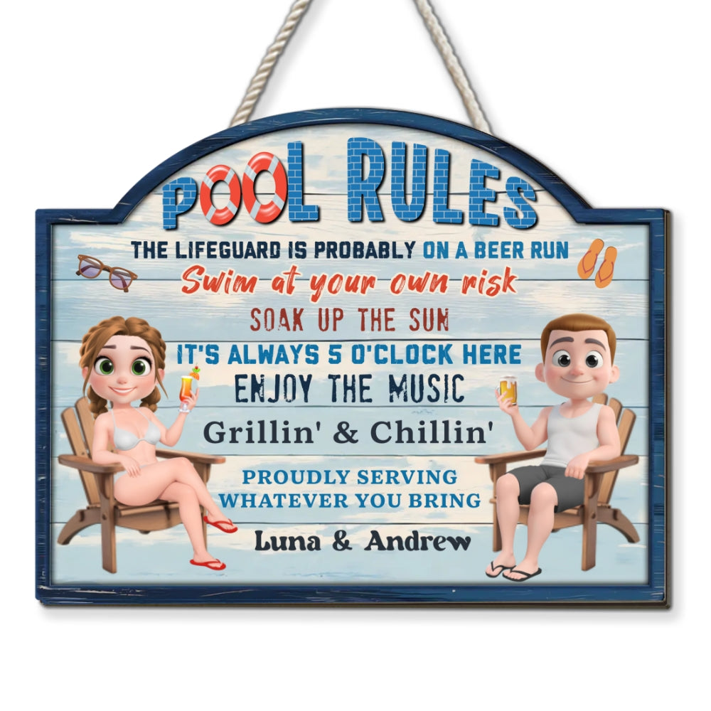 Pool Rules Swim At Your Own Risk Grilling Family - Personalized Custom Wood Sign
