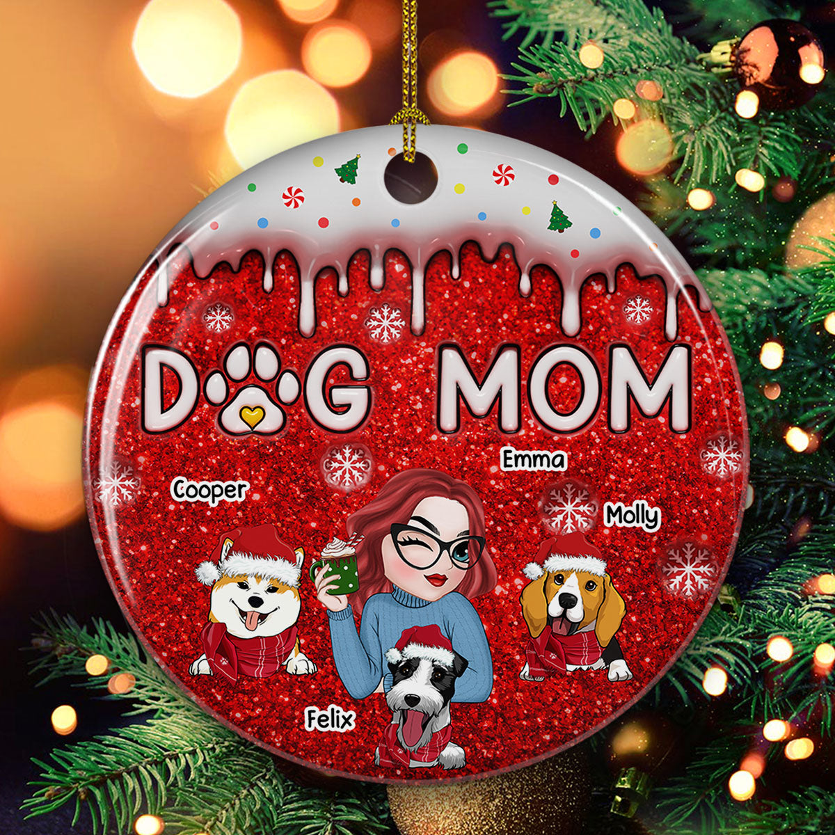 Christmas Dog Mom - Personalized Custom 3D Inflated Effect Ceramic Ornament