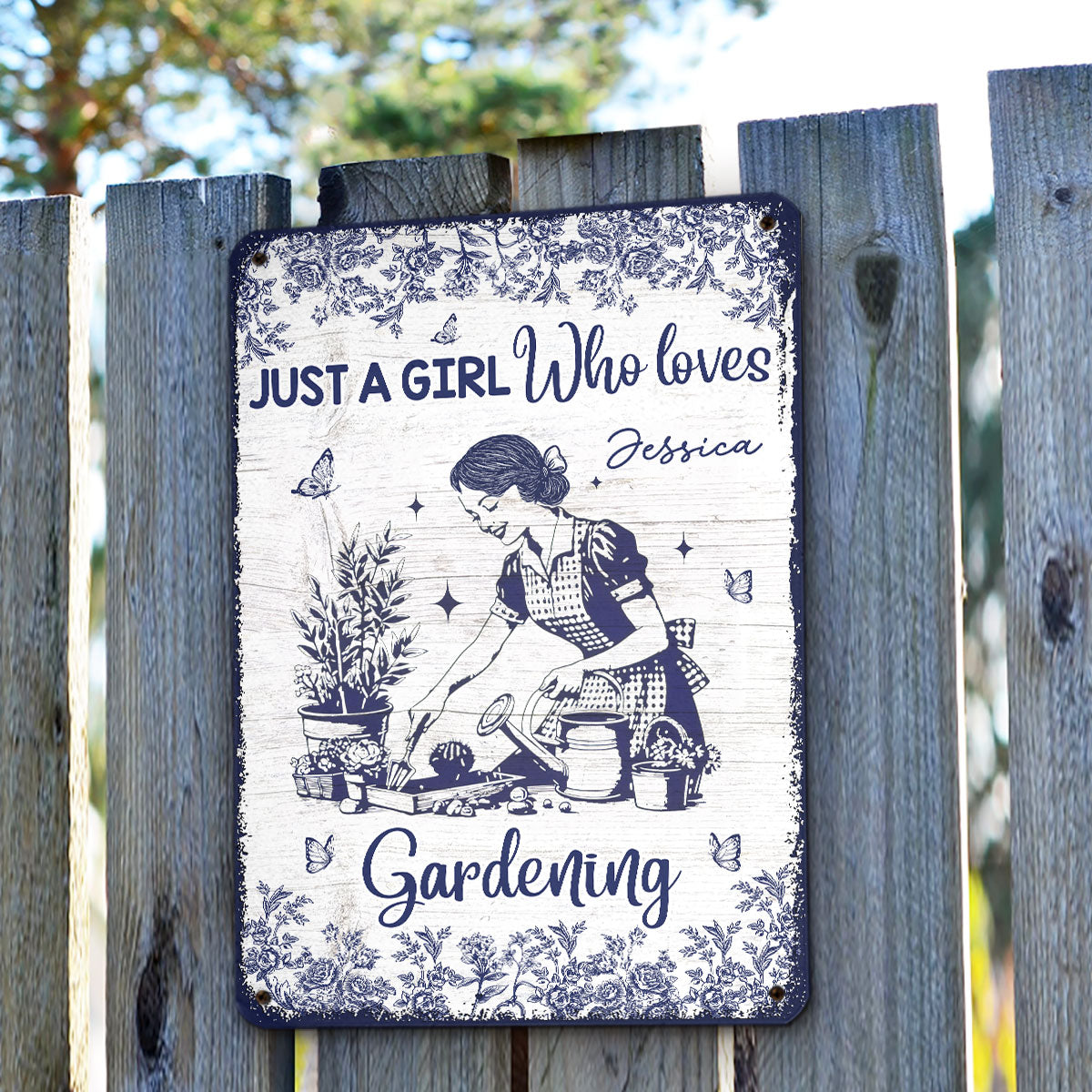 Gardening Blue Toile Style - Personalized Custom Metal Sign