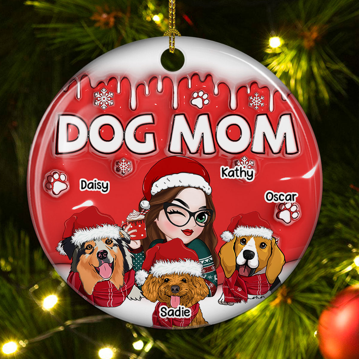 Dog Mom In Christmas - Personalized Custom 3D Inflated Effect Ceramic Ornament