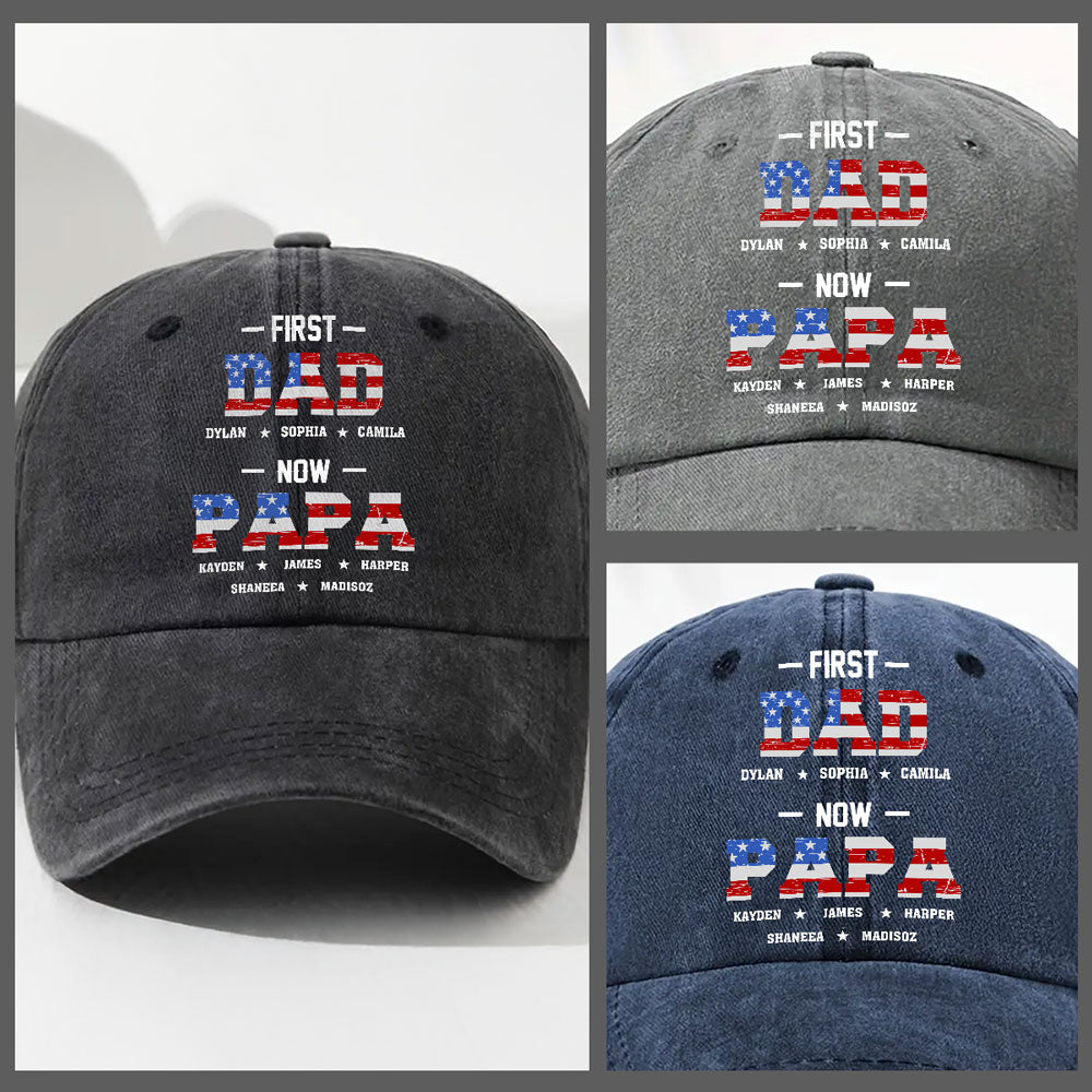 First Dad Now Papa - Personalized Custom Vintage Washed Denim Cap
