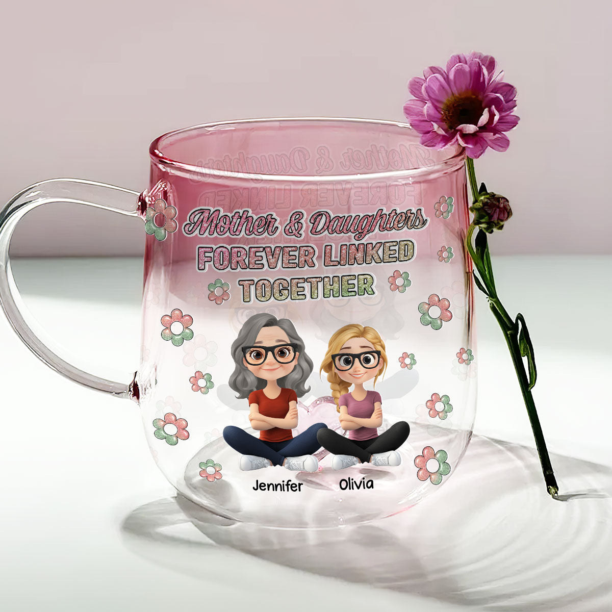 Mother And Daughter Linked Forever Cartoonize - Personalized Custom Pink Gradient Glass Mug