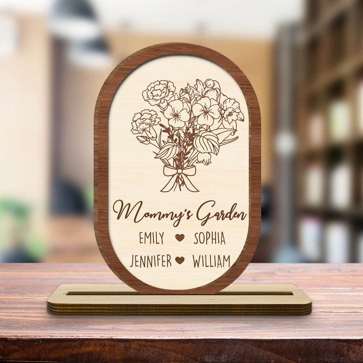 Floral With Family Names - Personalized Custom 2-Layer Wood Plaque With Flat Base