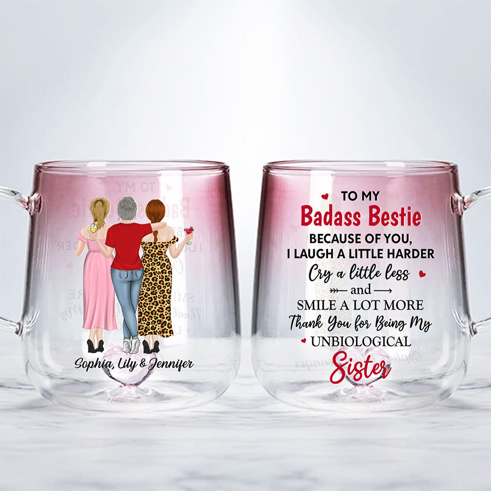 Because Of You I Laugh A Little Harder - Personalized Custom Pink Gradient Glass Mug