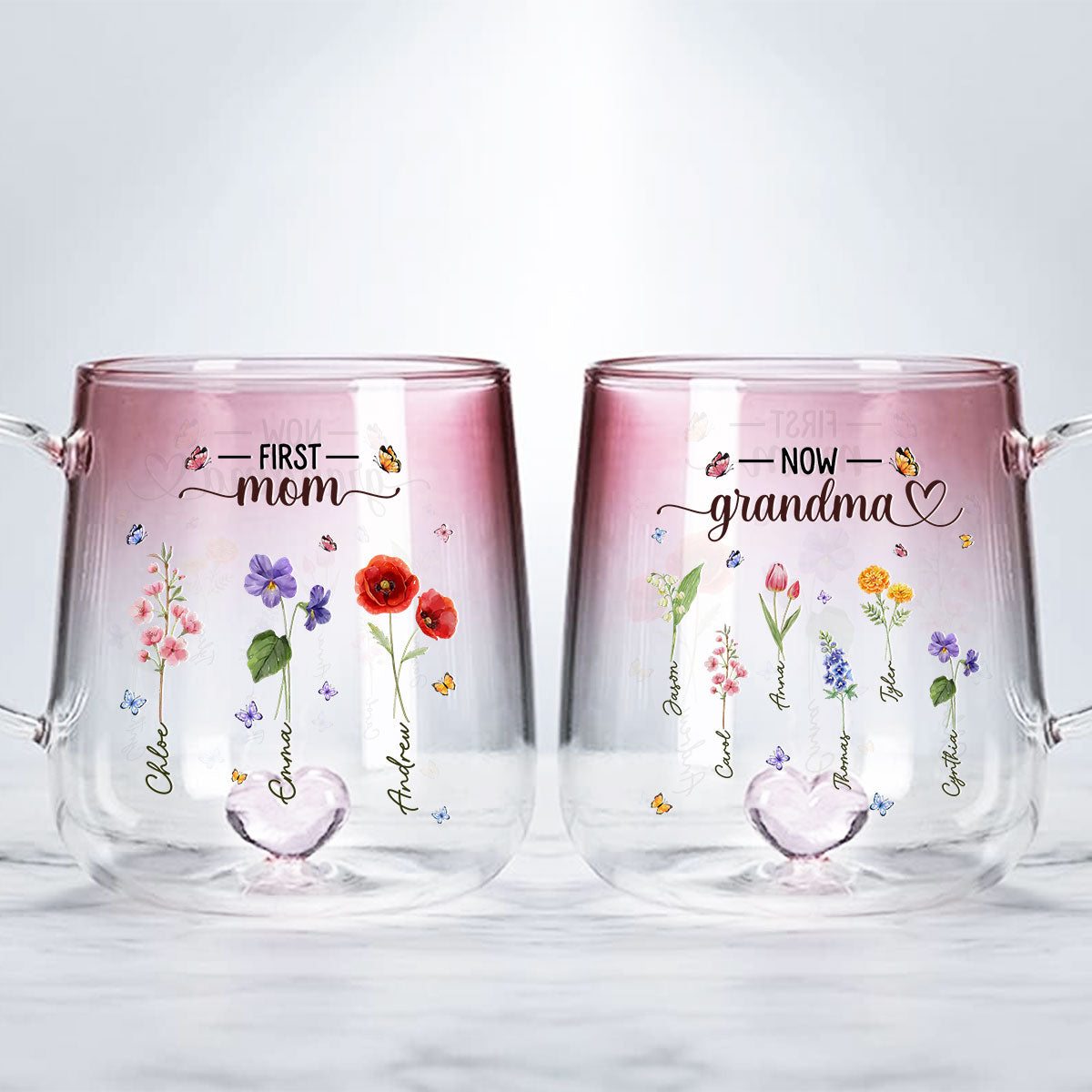 First Mom Now Grandma Flower - Personalized Custom Pink Gradient Glass Mug