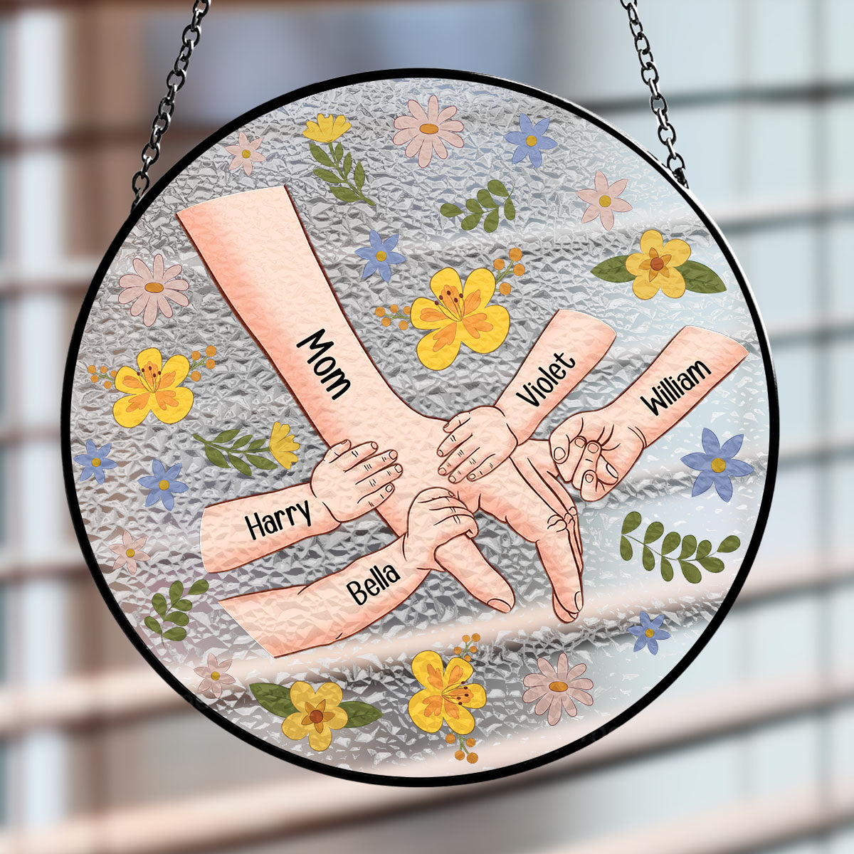 Mom Hold My Hand Also My Heart - Personalized Custom Window Hanging Suncatcher