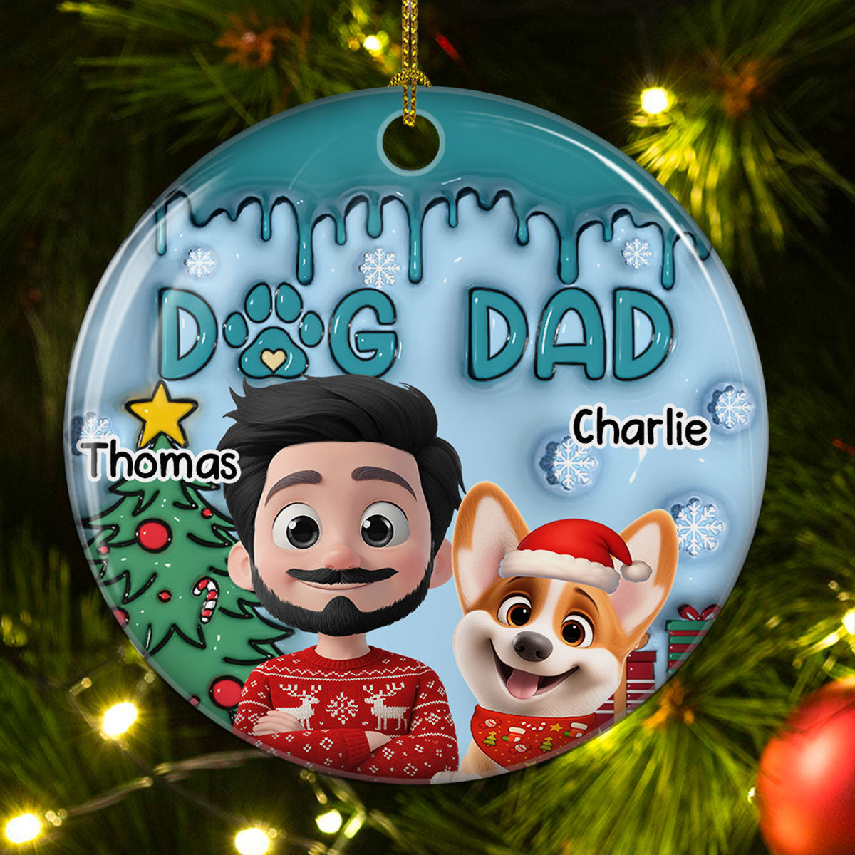 Man And Lovely Dog  - Personalized Custom 3D Inflated Effect Ceramic Ornament
