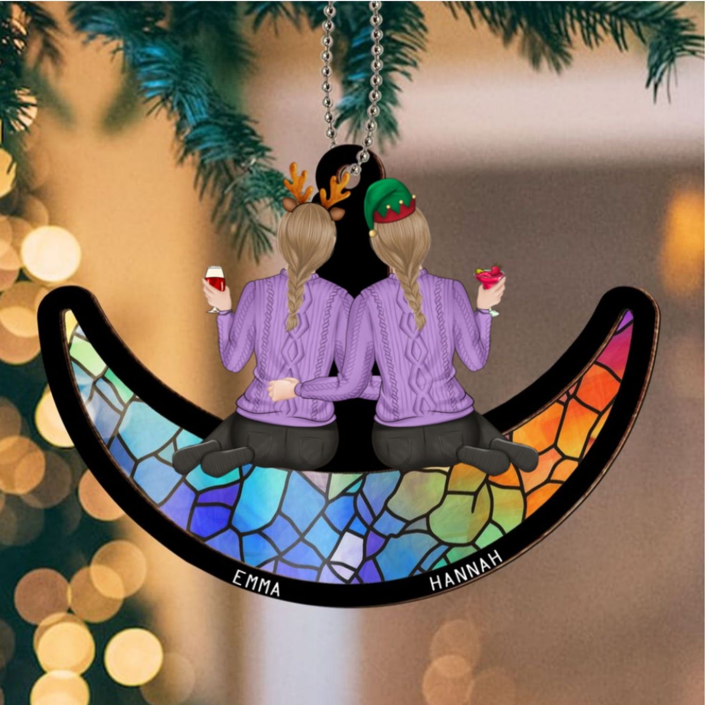 Besties Sitting On The Moon - Personalized Custom Suncatcher Ornament