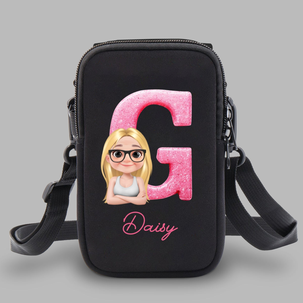 Glitter Alphabet Cartoon - Personalized Custom Water Bottle Carrier Bag