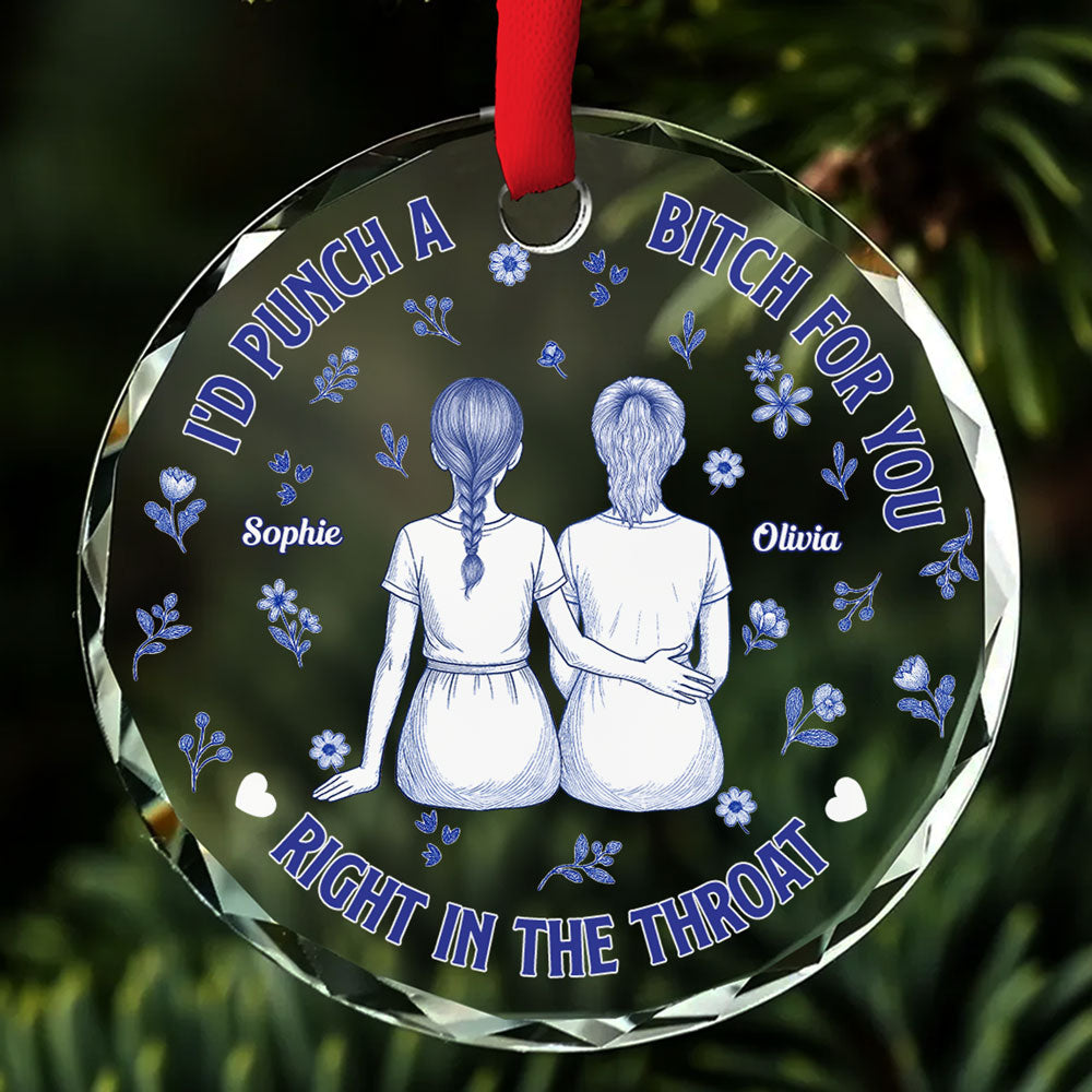 Punch Bitch Besties Blue Toile - Personalized Custom Glass Ornament