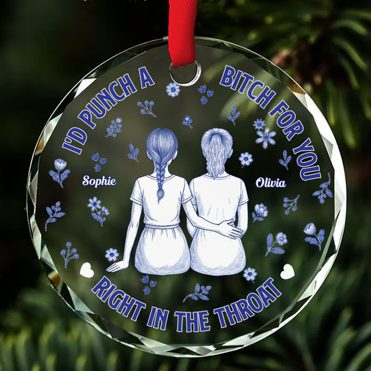 Punch Bitch Besties Blue Toile - Personalized Custom Glass Ornament