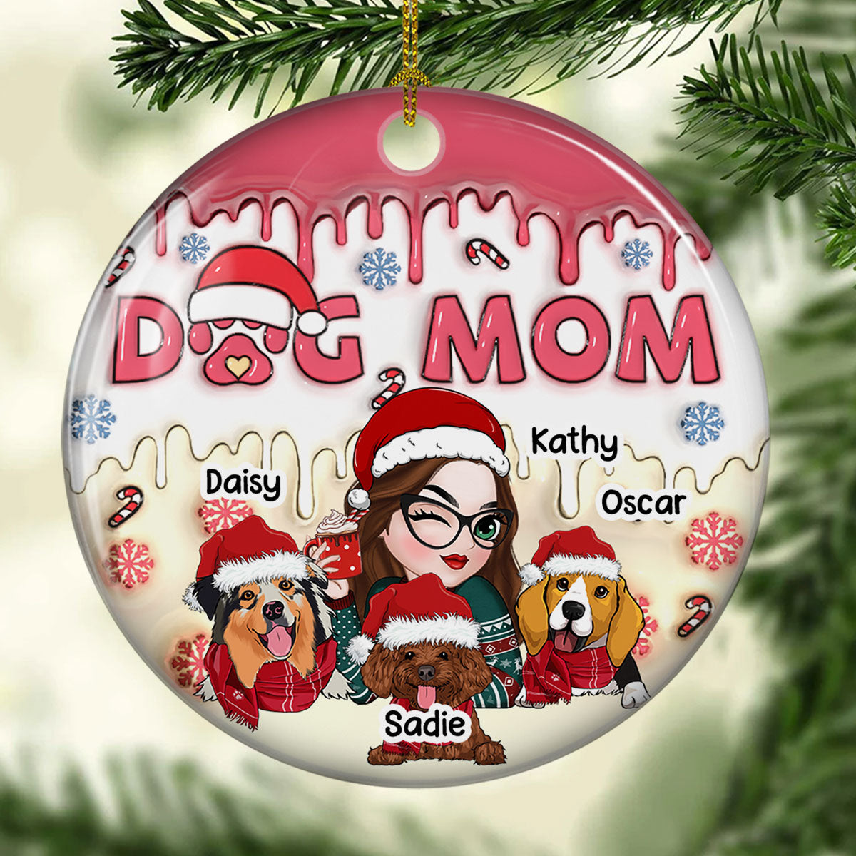 Dog Mom Happy Pawlidays - Personalized Custom 3D Inflated Effect Ceramic Ornament