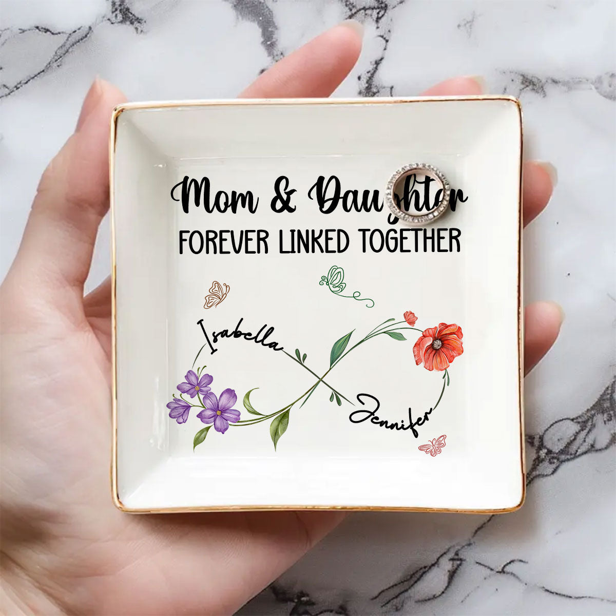 Mom And Daughter Forever Linked Together Birthmonth Flower - Personalized Custom Jewelry Dish