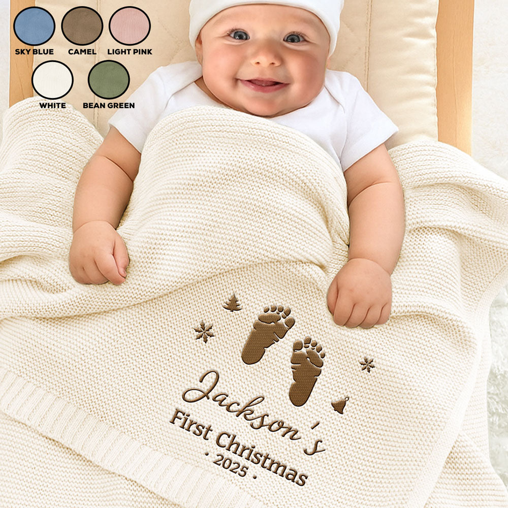 Baby First Christmas - Personalized Custom Embroidered Knitted Baby Blanket