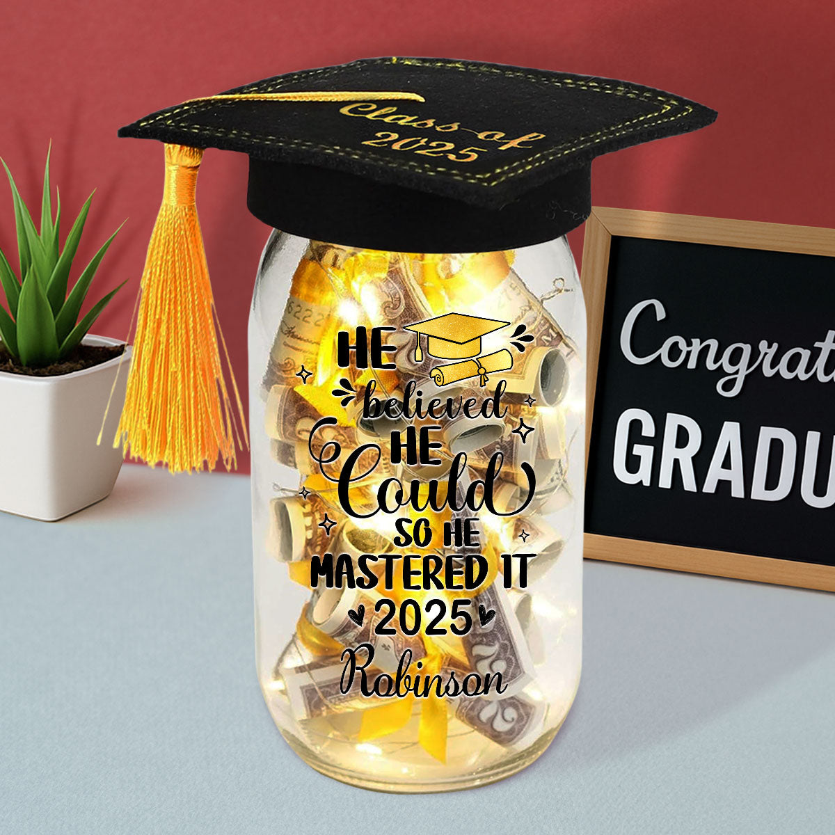 She Mastered It - Personalized Custom Graduation Mason Jar Light
