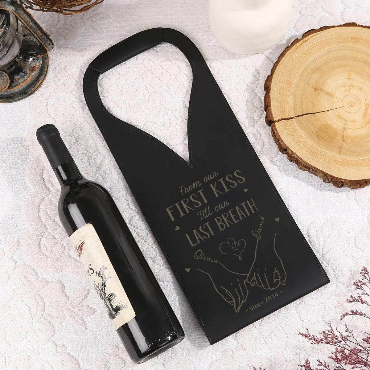 From Our First Kiss Till Our Last Breath - Personalized Custom Engraved Leather Wine Bag