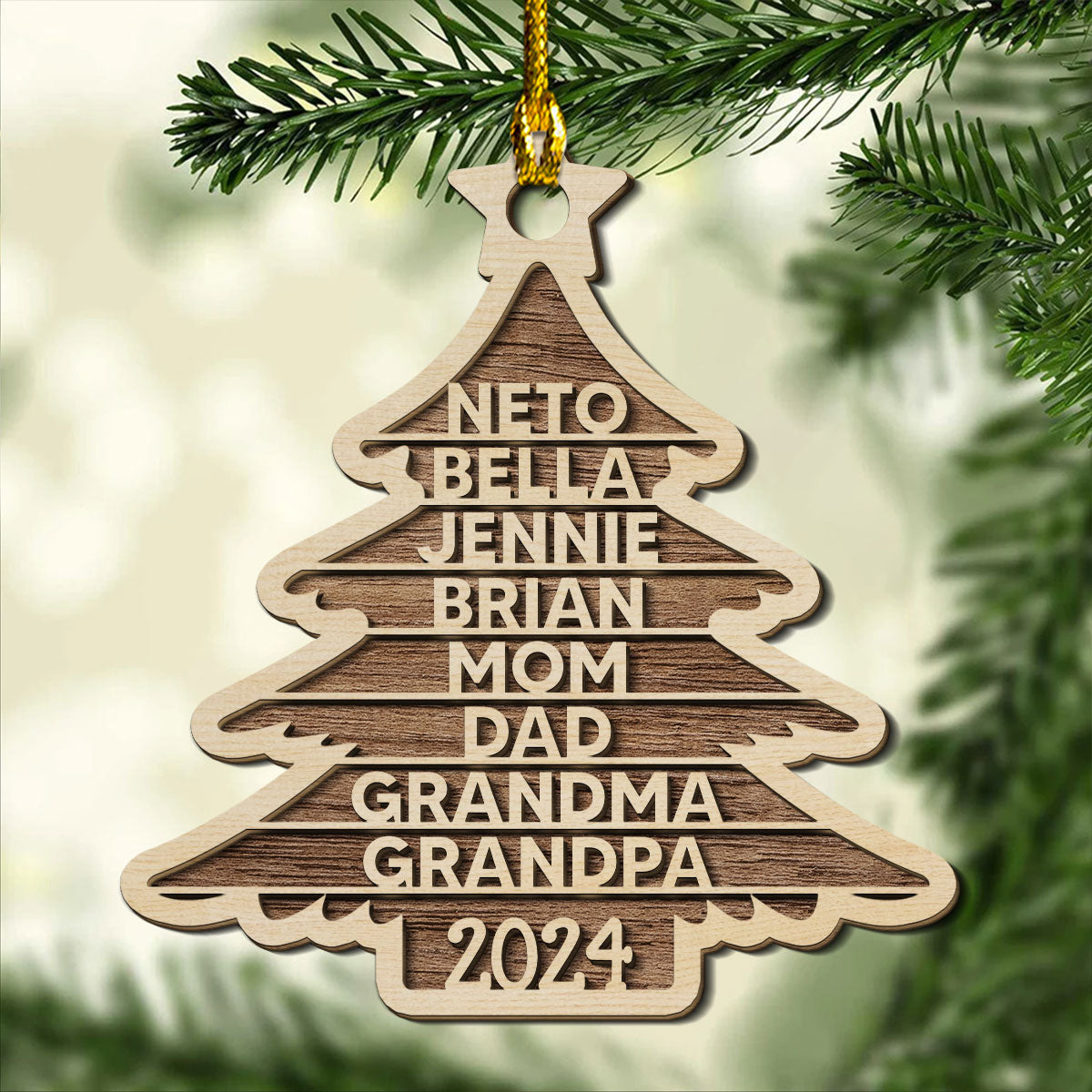 Family Name Christmas Tree - Personalized Custom 2-layered Wood Ornament