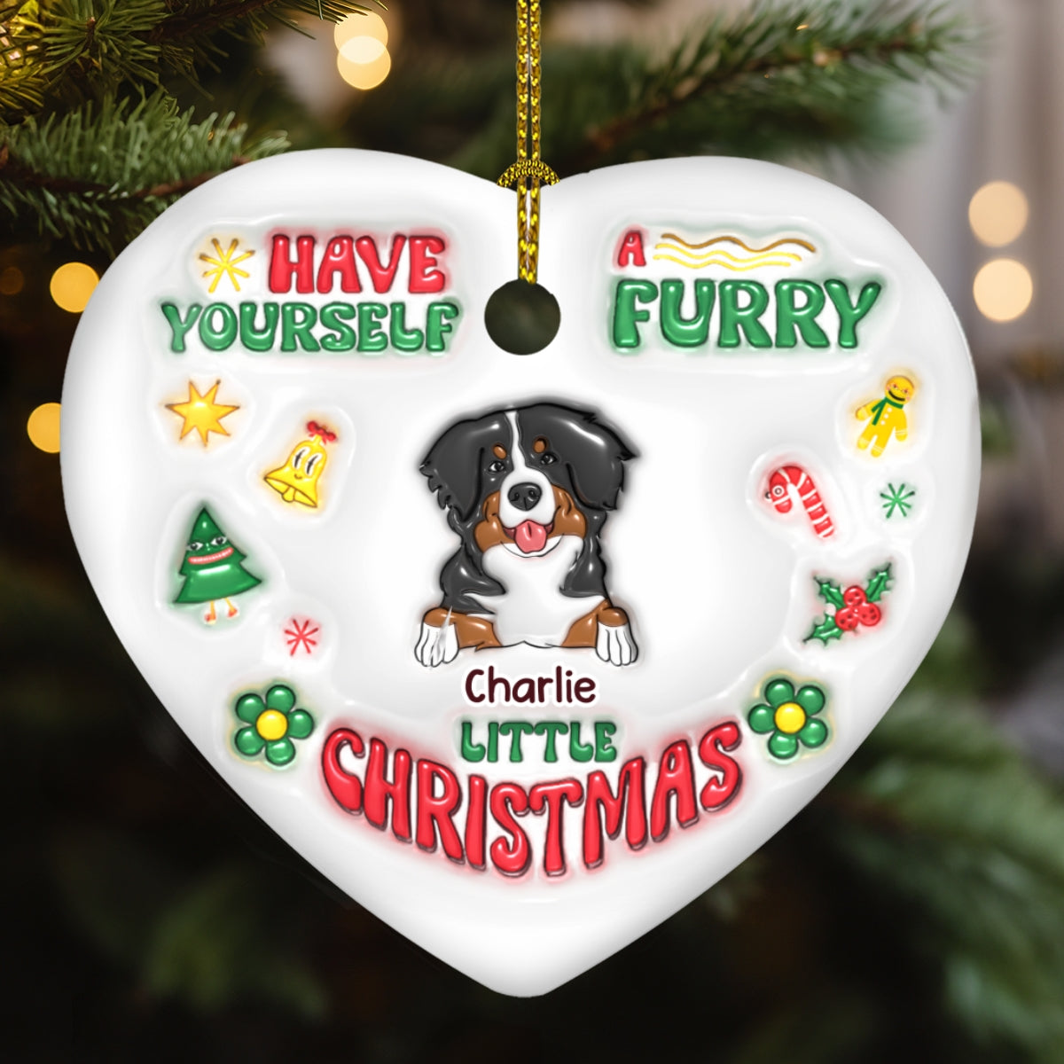 Have Yourself A Furry Little Christmas - Personalized Custom 3D Inflated Effect Heart Ceramic Ornament