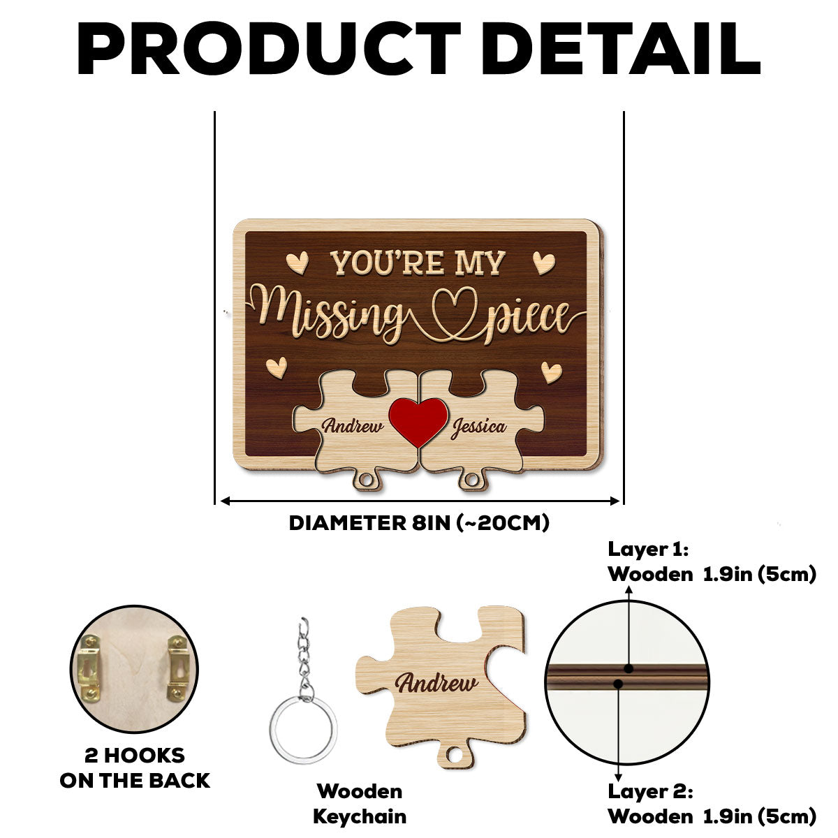 My Missing Piece - Personalized Custom Wooden Key Holder With Keychain