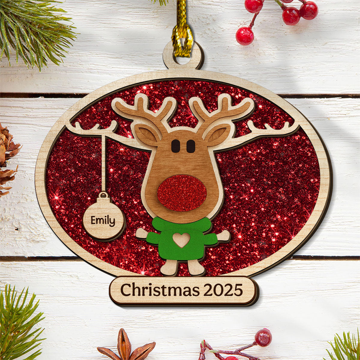 Christmas Reindeer Family Forever - Personalized Custom 2-layered Wood Ornament
