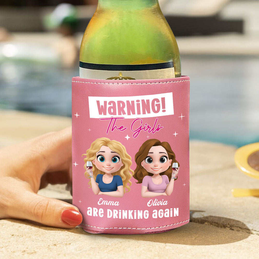 Drinking Alert - Personalized Custom Pink Leather Can Cooler Holder