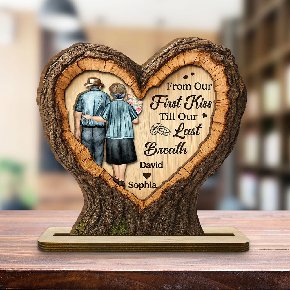 Our Journey Begins With First Kiss - Personalized Custom 2-Layer Wood Plaque With Flat Base
