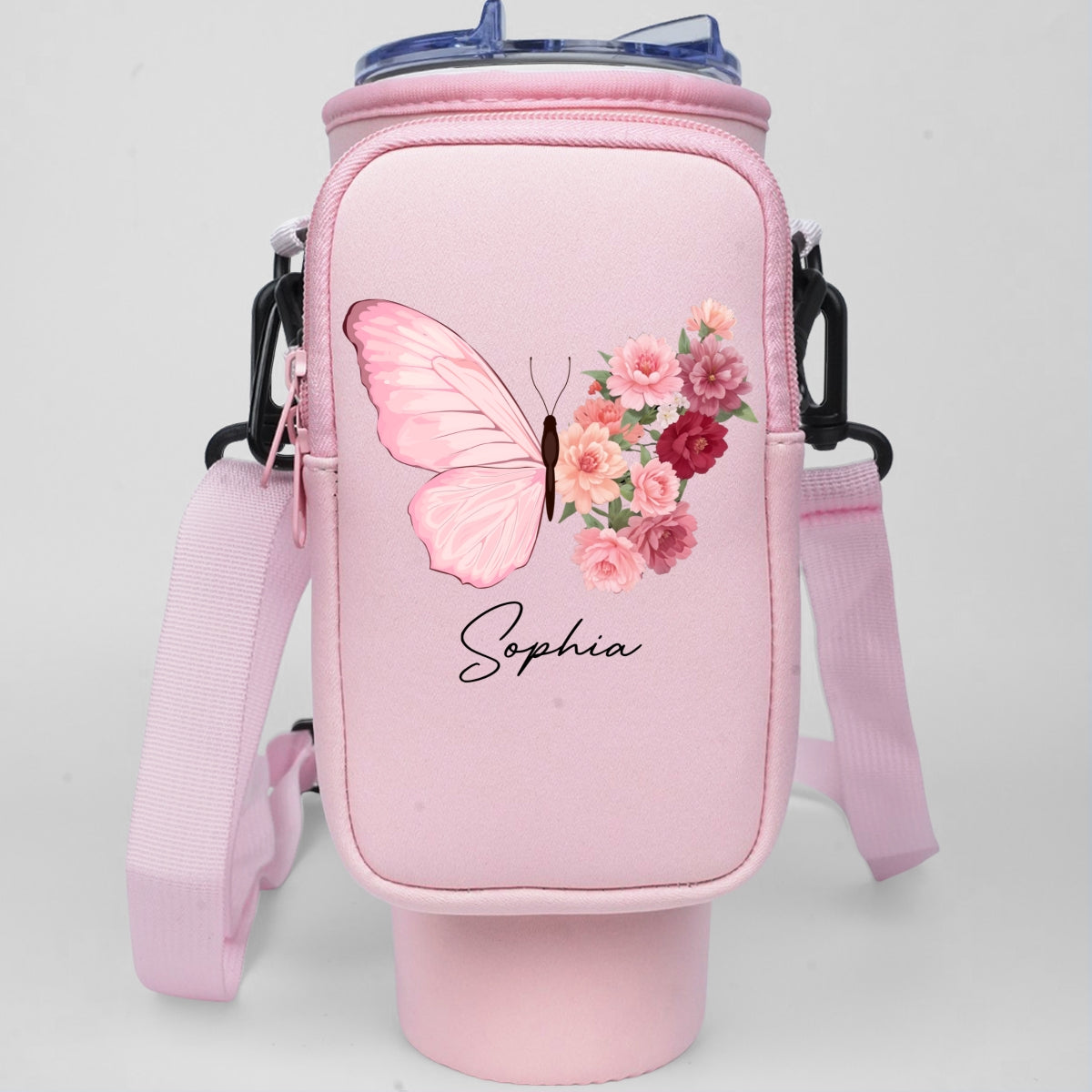 Butterfly Birthmonth Flower With Name - Personalized Custom 40oz Water Bottle Carrier Bag