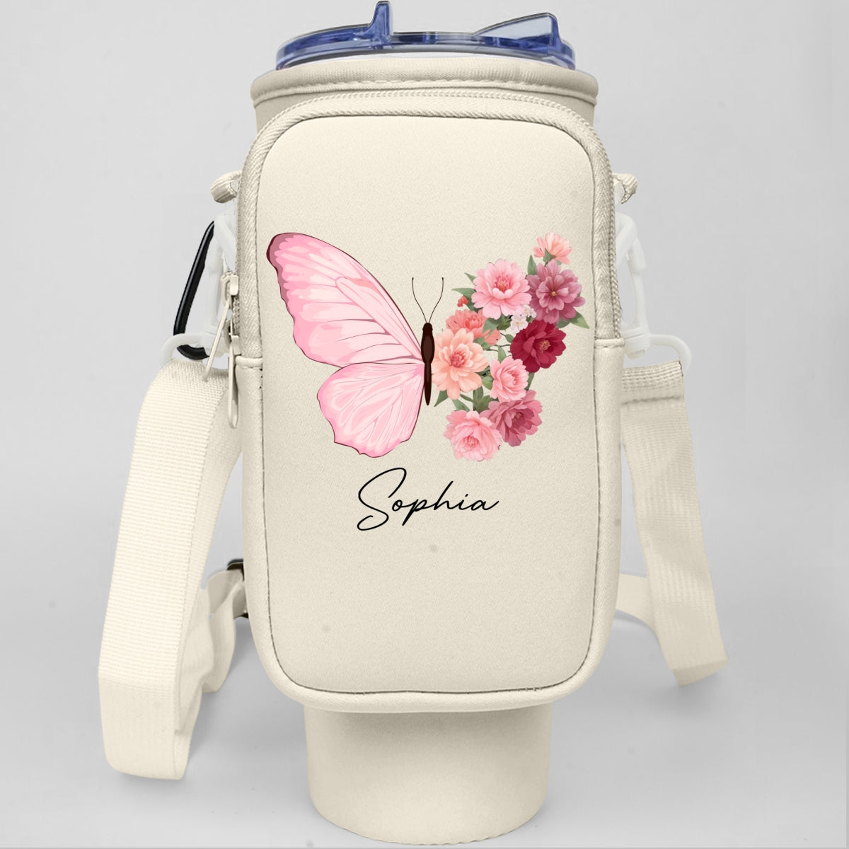 Butterfly Birthmonth Flower With Name - Personalized Custom 40oz Water Bottle Carrier Bag