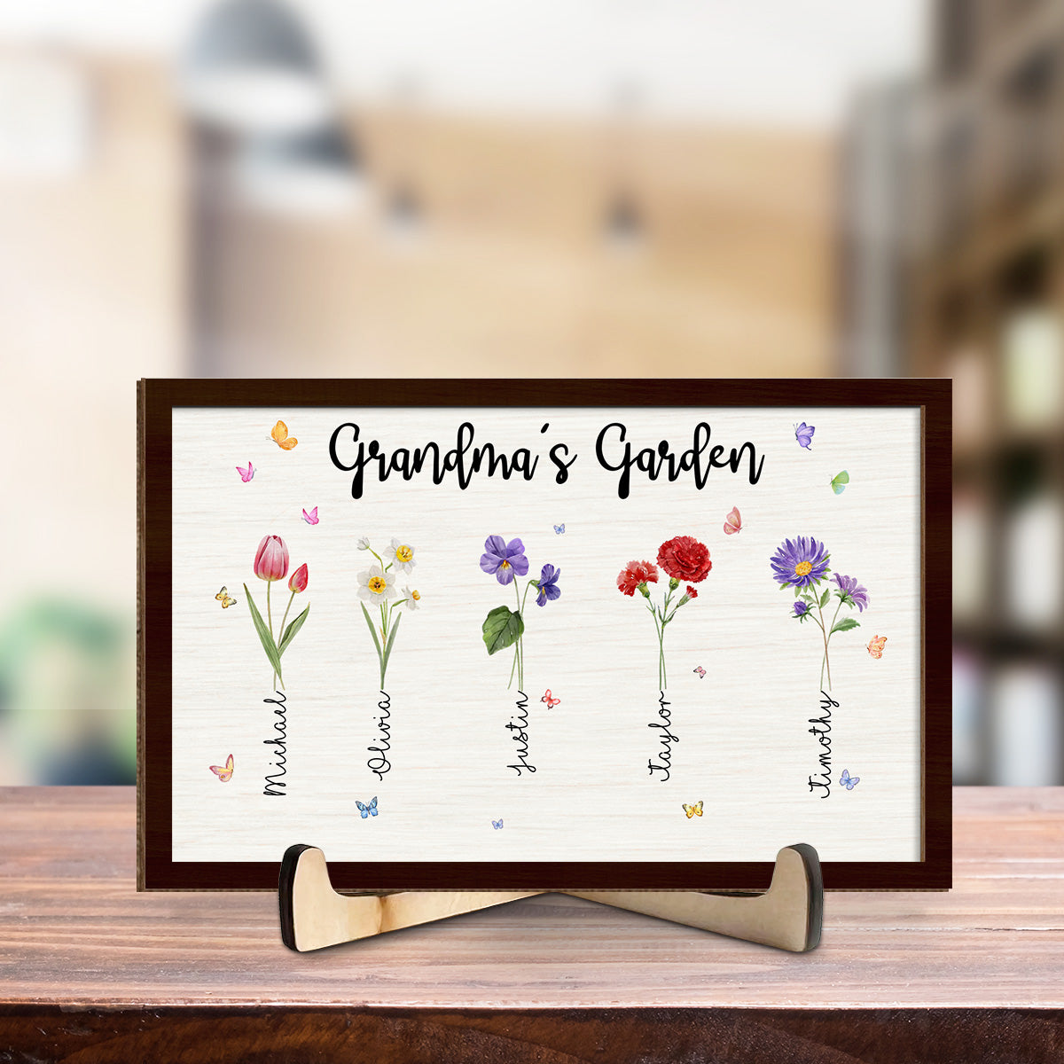 Flower With Family Names - Personalized Custom Wooden Plaque