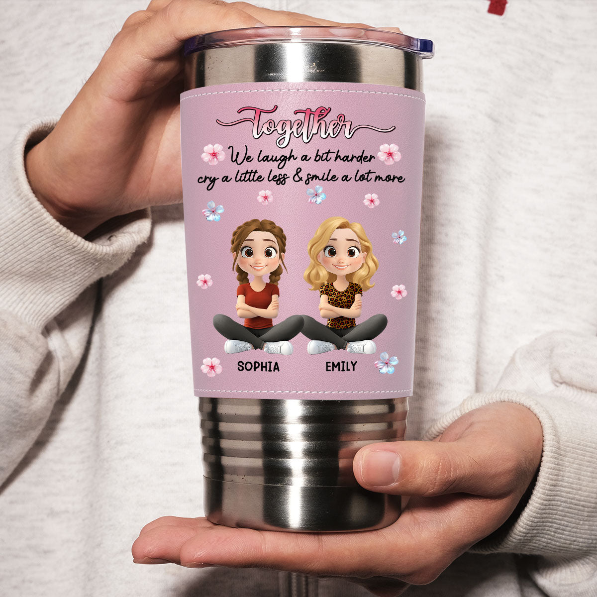 Together We Laugh - Personalized Custom Pink Leather Tumbler