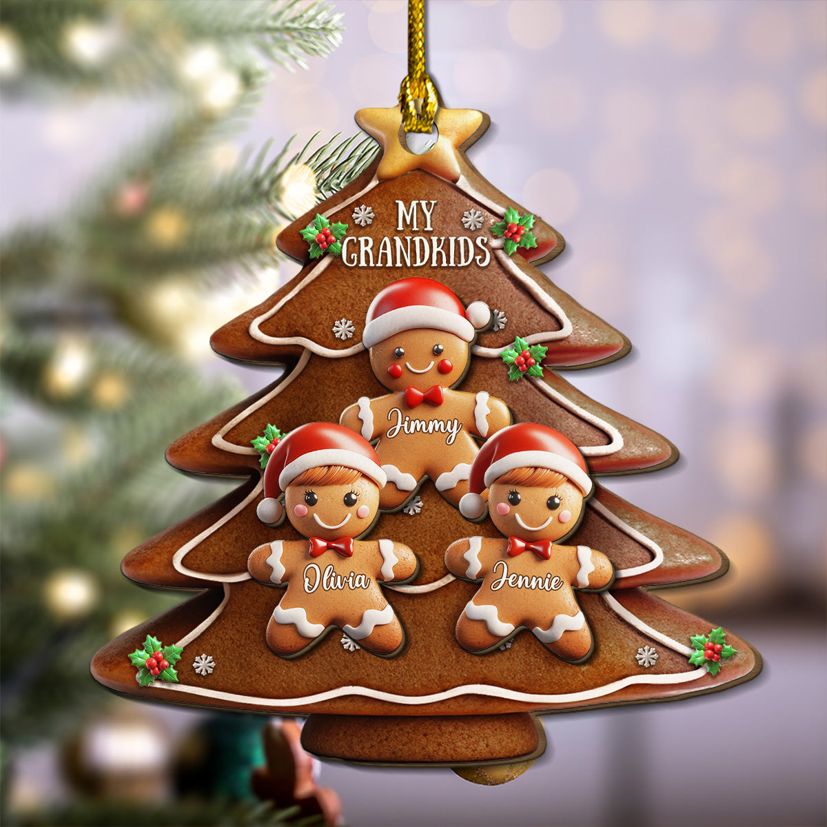 Gingerbread Family - Personalized Custom Freeshape 2-Layered Wood Ornament