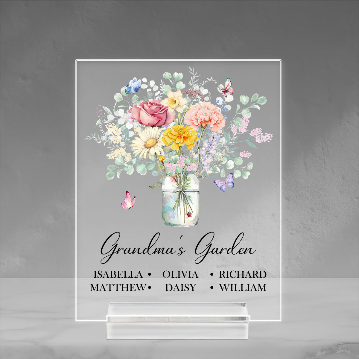 Birth Flower Grandma Bouquet - Personalized Custom Acrylic Plaque With Base