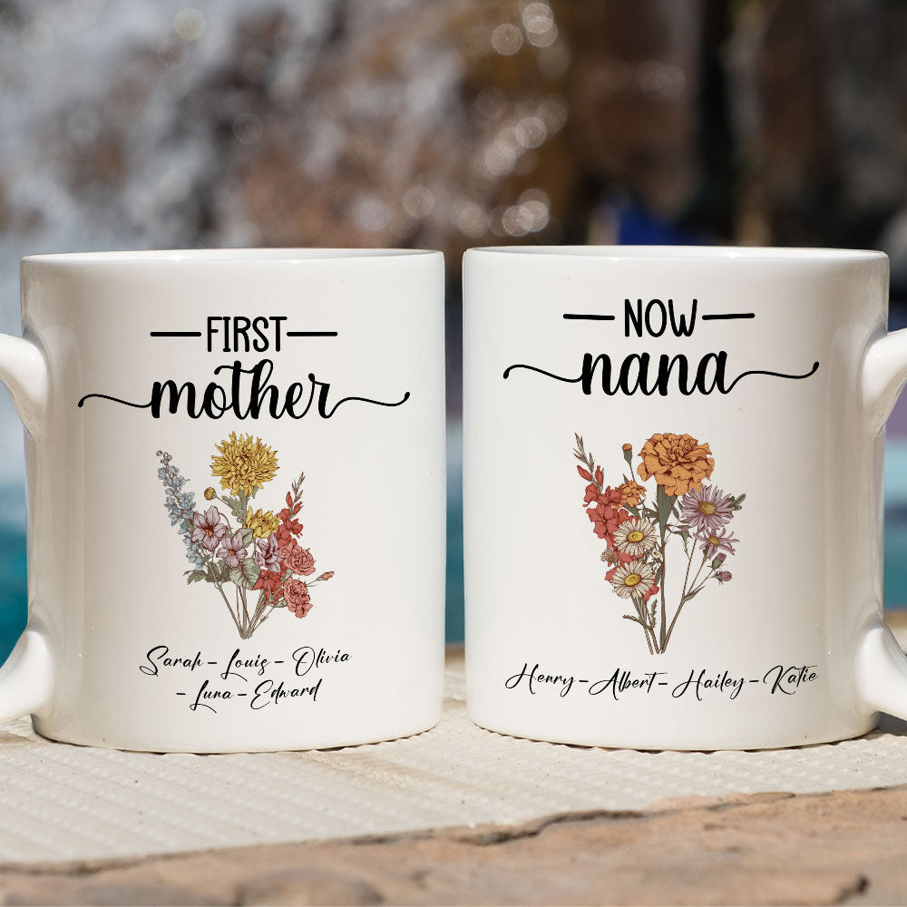 First Mom Now Grandma Flower - Personalized Custom Coffee Mug