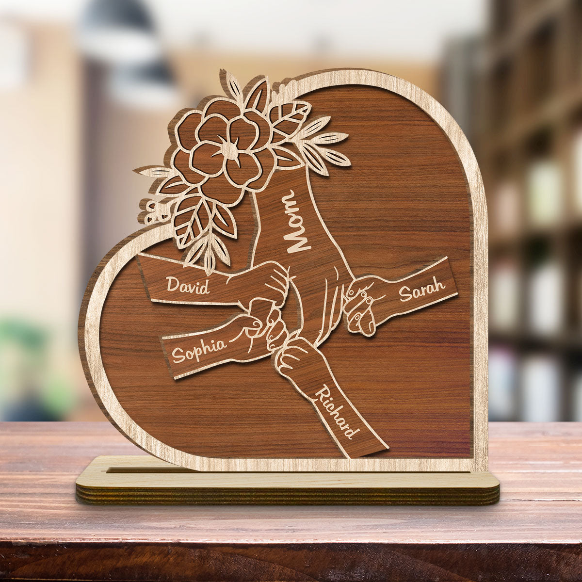 Mom Hold Our Hand And Our Heart - Personalized Custom 2-Layer Wood Plaque With Flat Base