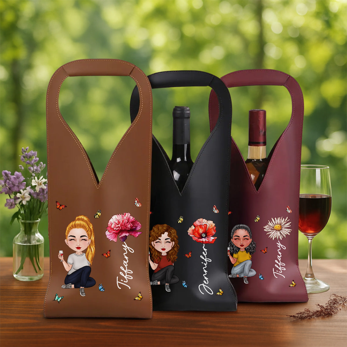 Cartoon Bloom Girl Charm - Personalized Custom Leather Wine Bag