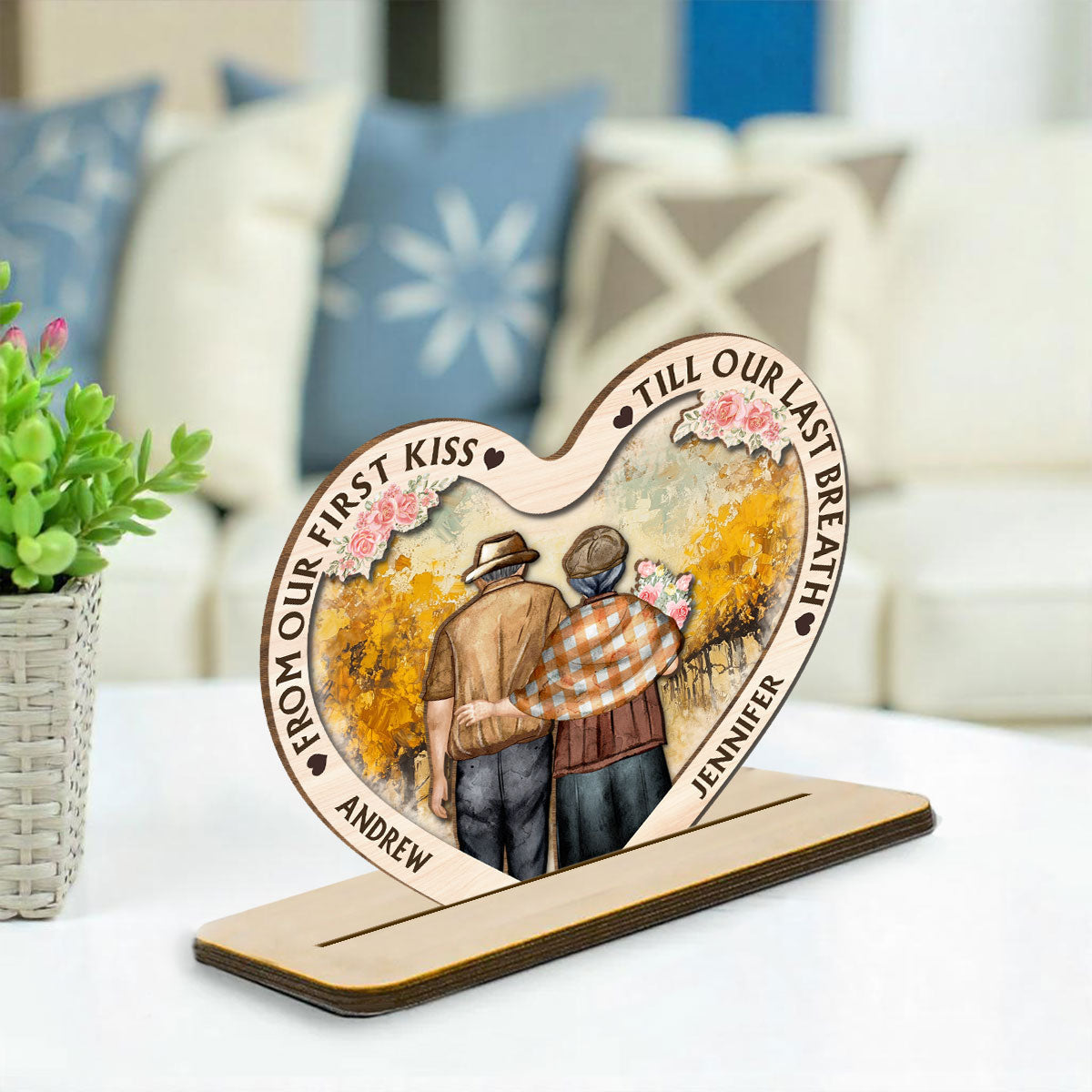 Our First Kiss - Personalized Custom 2-Layer Wood Plaque With Flat Base