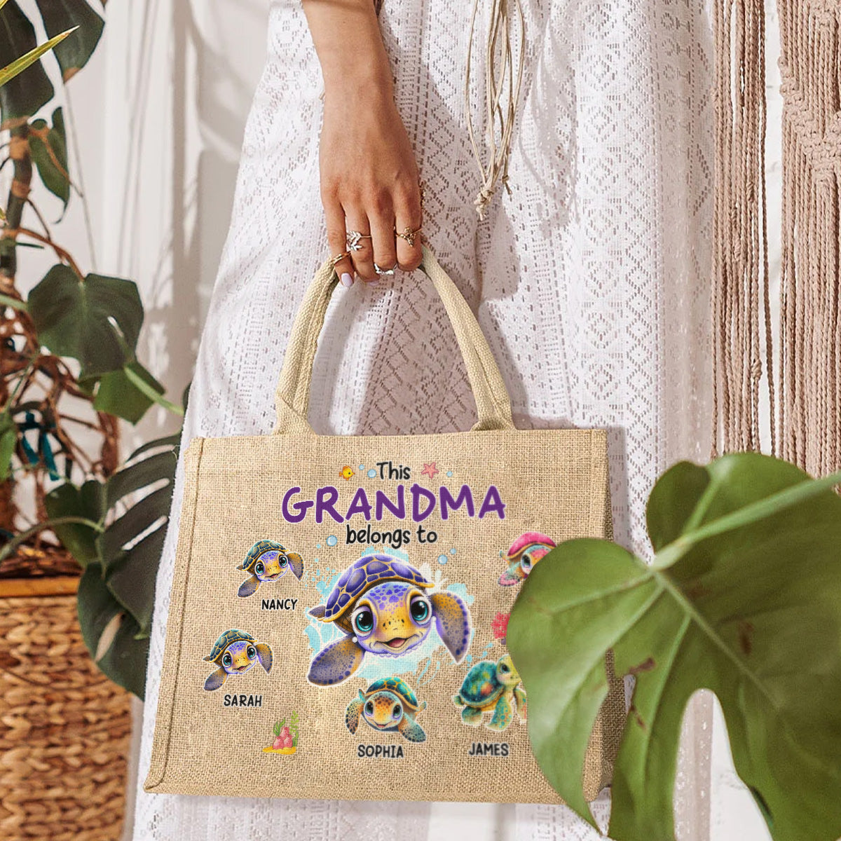 This Grandma Belongs To - Personalized Custom Jute Tote Bag