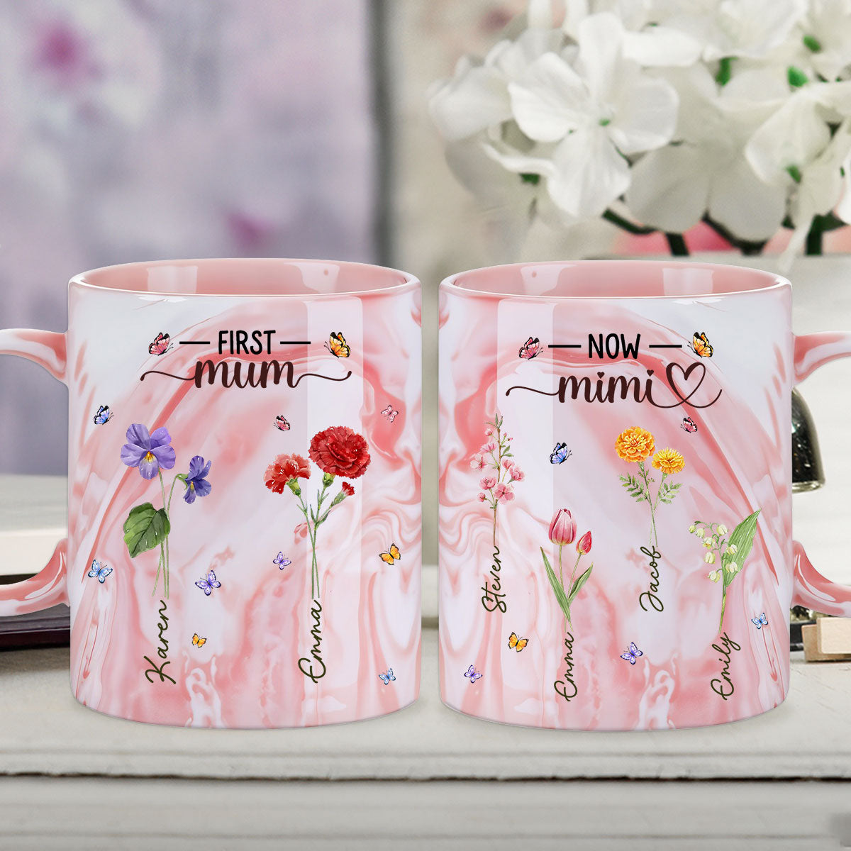 First Mom Now Grandma - Personalized Custom Pink Marble Mug