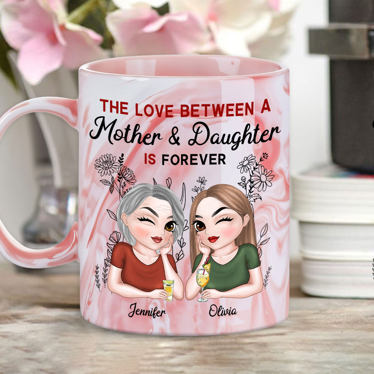 Mother And Daughter Always Together - Personalized Custom Pink Marble Mug