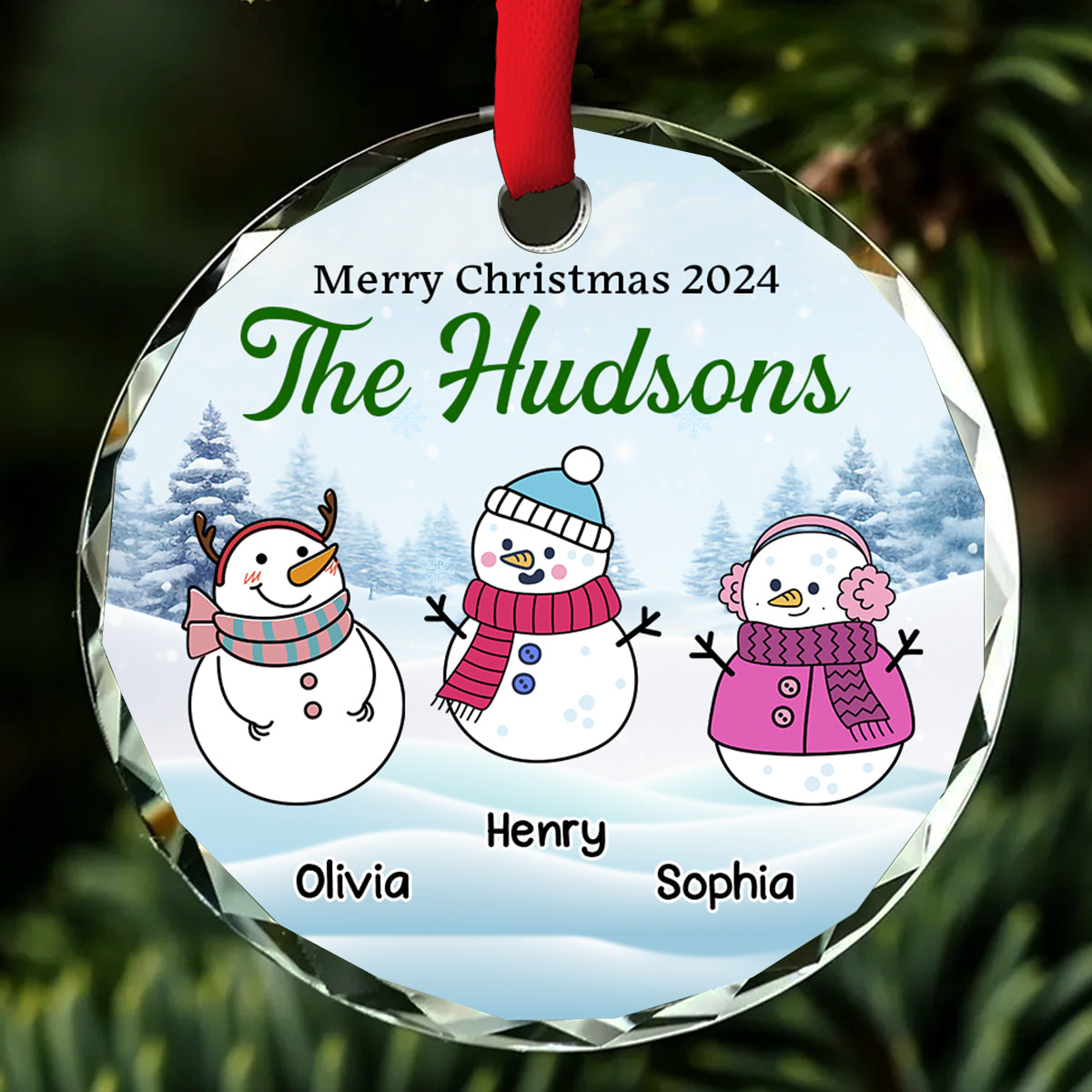 Snowman Christmas Family - Personalized Custom Glass Ornament