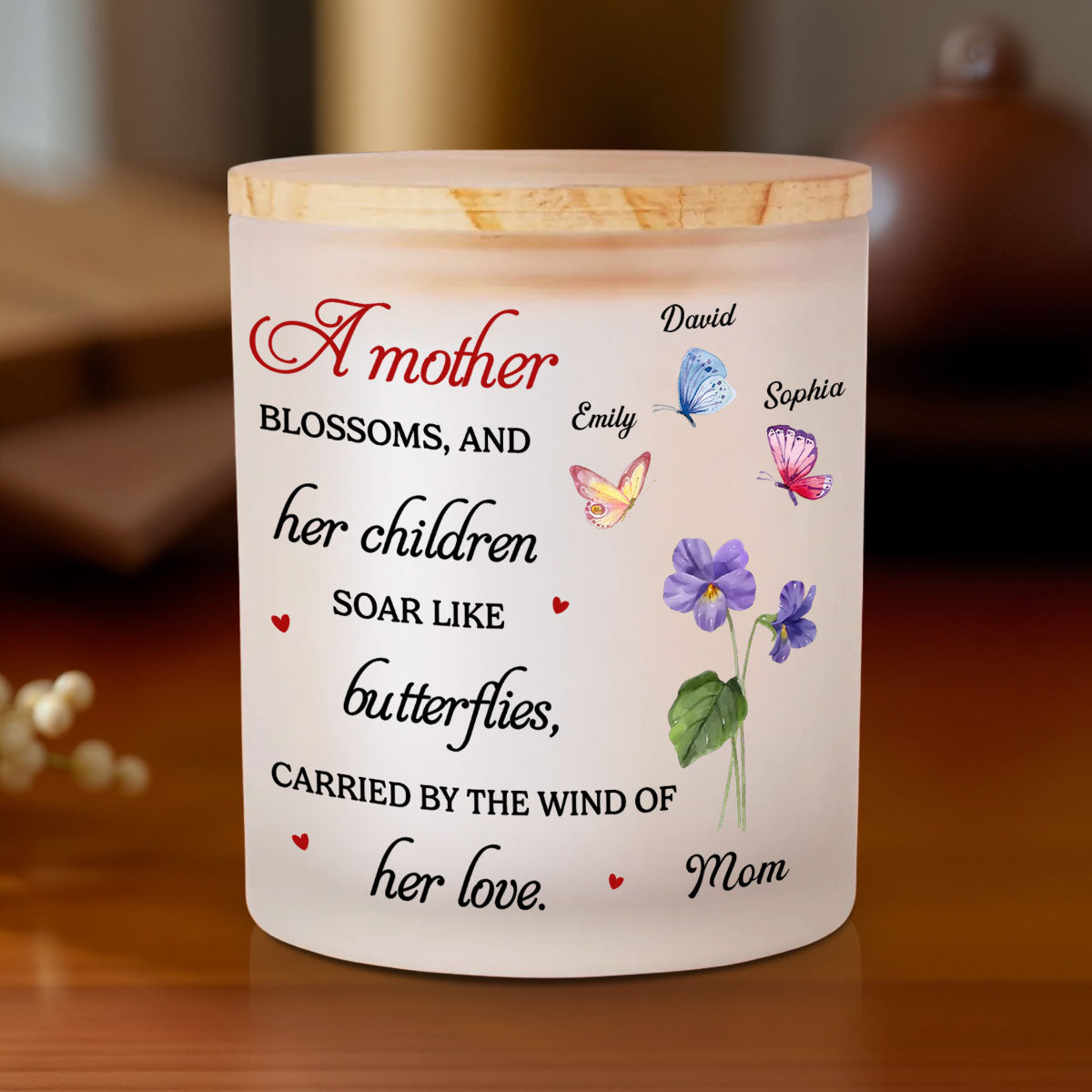 A Mother Blossoms - Personalized Custom Glass Jar With LED Candle