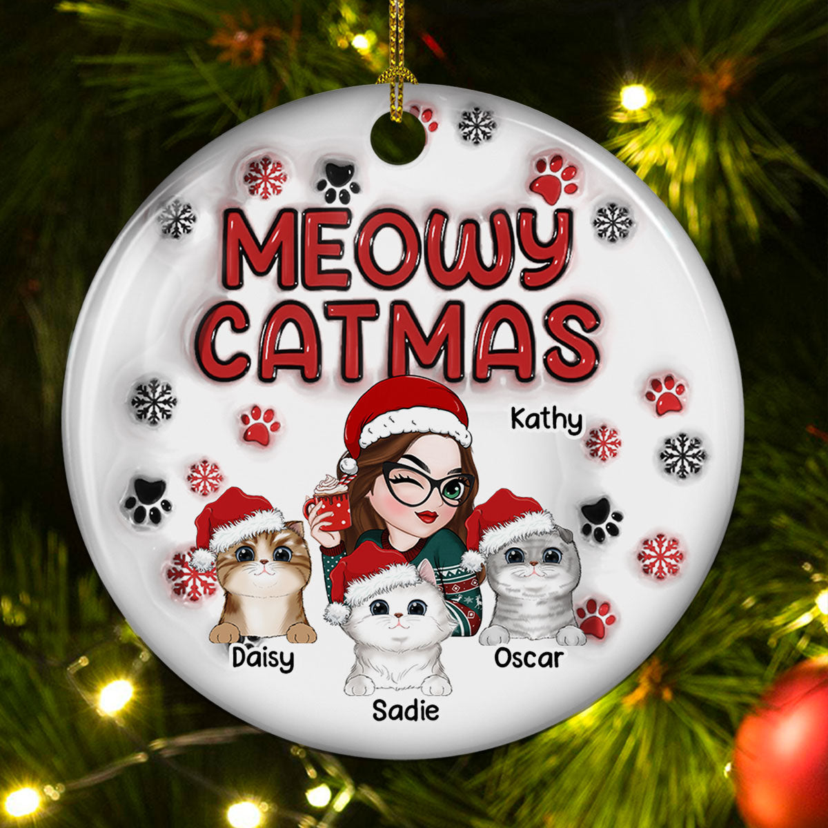 Meowy Catmas Cat Mom - Personalized Custom 3D Inflated Effect Ceramic Ornament