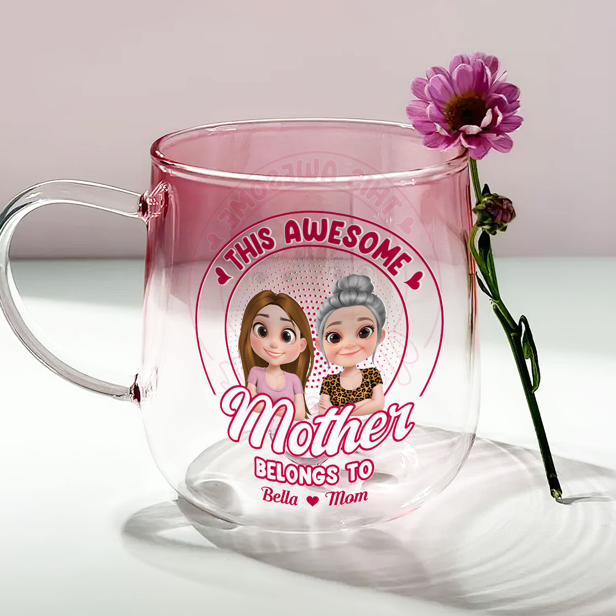 Awesome Mom Belongs To - Personalized Custom Pink Gradient Glass Mug