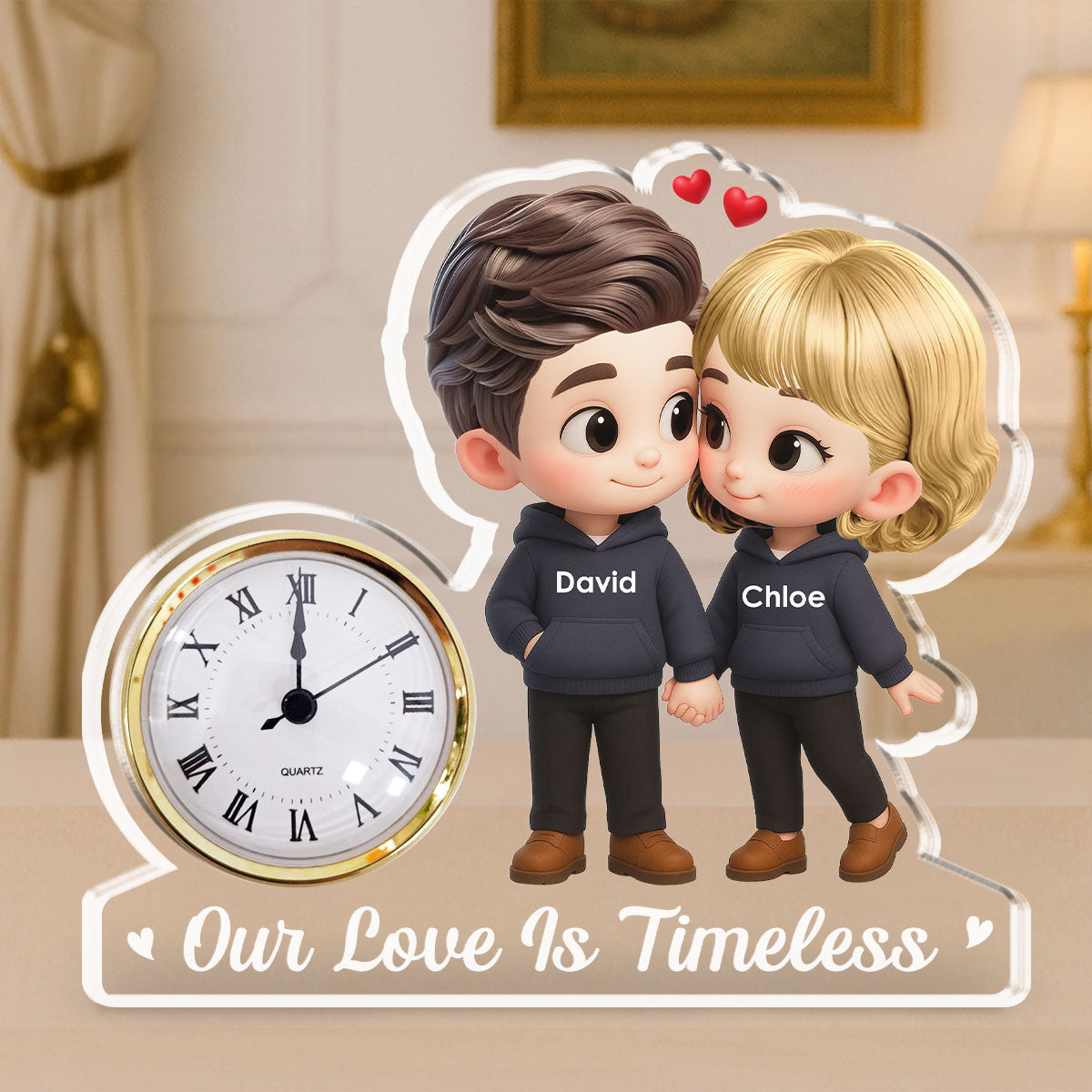 Cartoon Couple Holding Hands - Personalized Custom Acrylic Desk Clock Plaque
