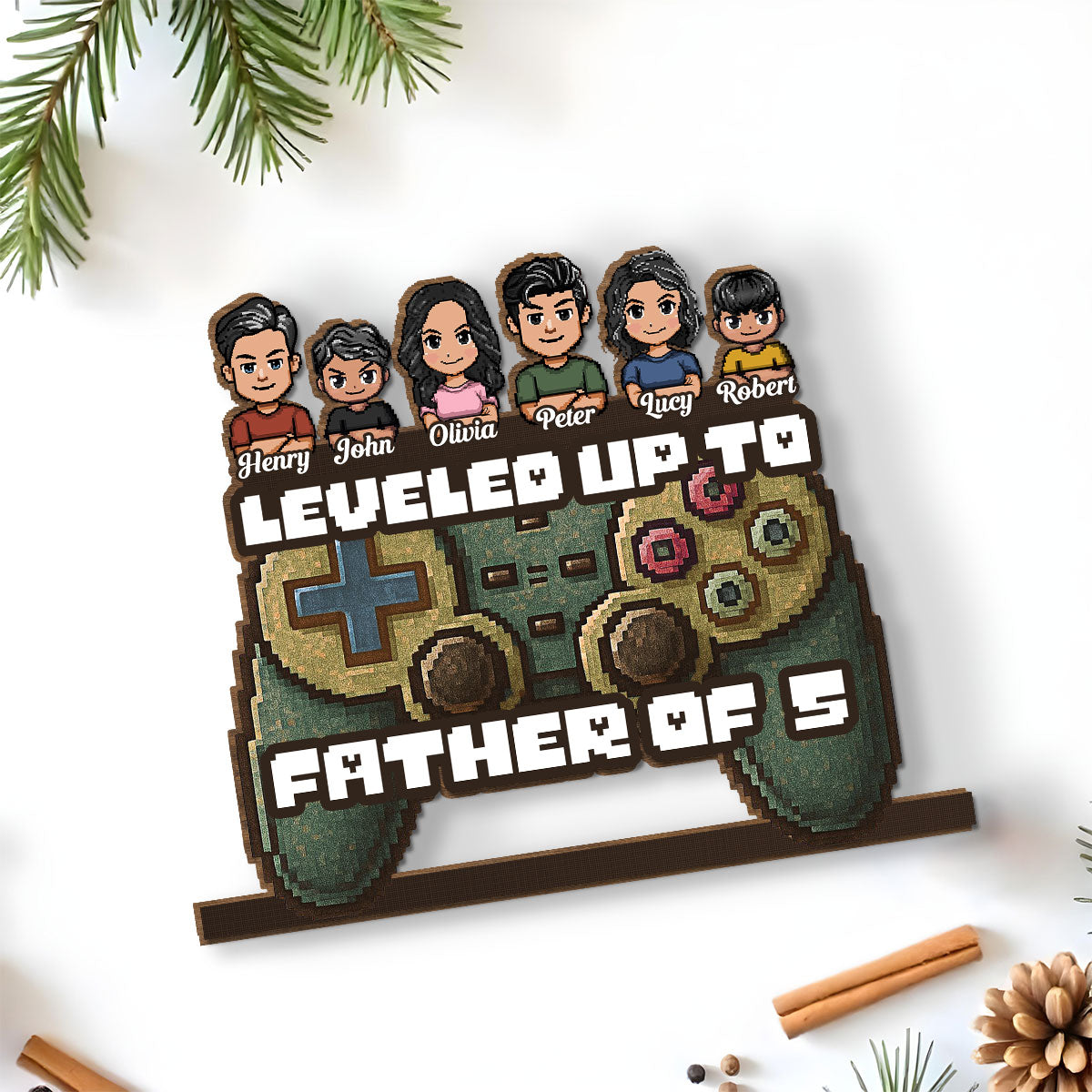 Leveled Up To Dad - Personalized Custom 2-Layer Wood Plaque With Flat Base