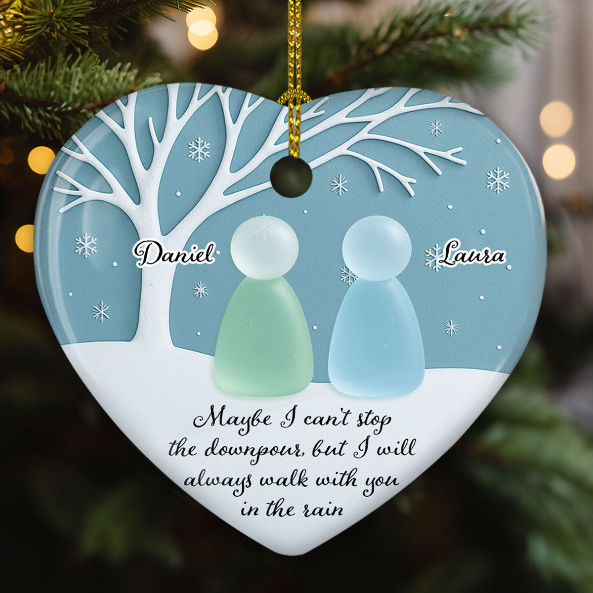 Walk With You In The Rain Sea Glass - Personalized Custom 3D Effect Heart Ceramic Ornament