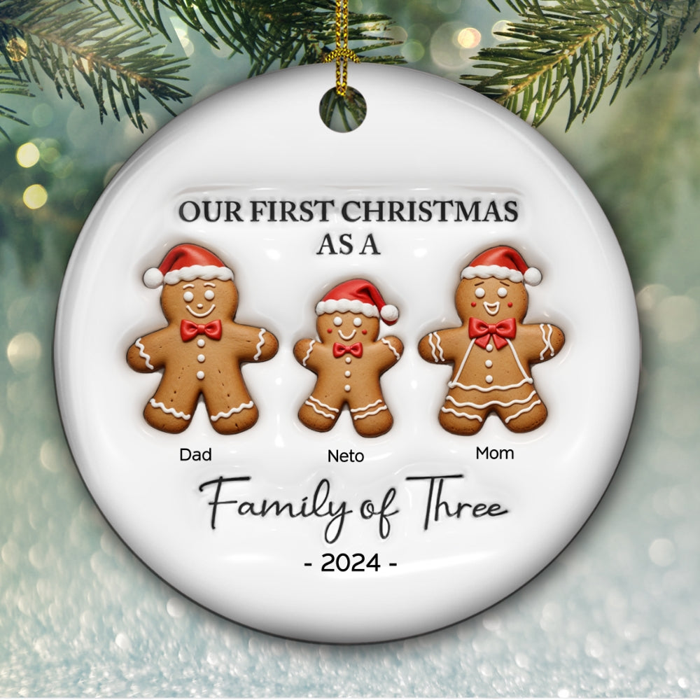 First Christmas As A Family Of Three Gingerbread - Personalized Custom 3D Inflated Effect Ceramic Ornament