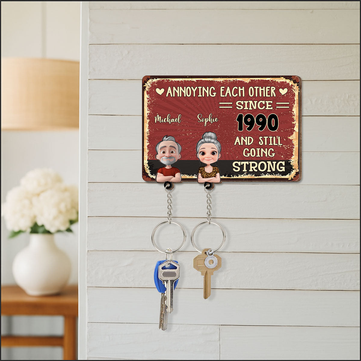 Annoying Each Other - Personalized Custom Wooden Key Holder With Keychain