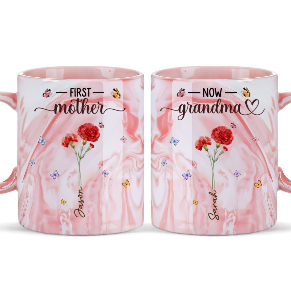 First Mom Now Grandma - Personalized Custom Pink Marble Mug